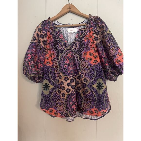 Xirena Floral Top XS Purple Red Print Puff Sleeves 100% Cotton Split Neck - Picture 2 of 6